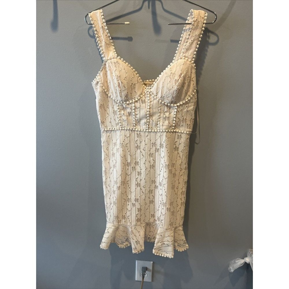 Azura‎ Cream Lace Pom Pom Trim Bustier Mini Dress NWT Small FDR74